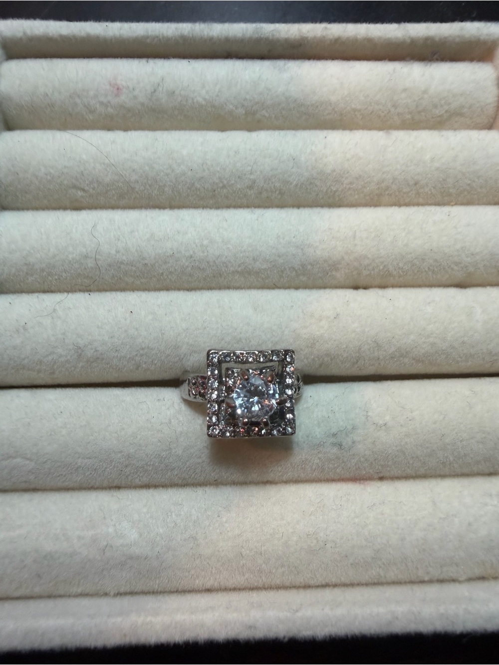 Silver-Tone Square Halo Cubic Zirconia Ring in White